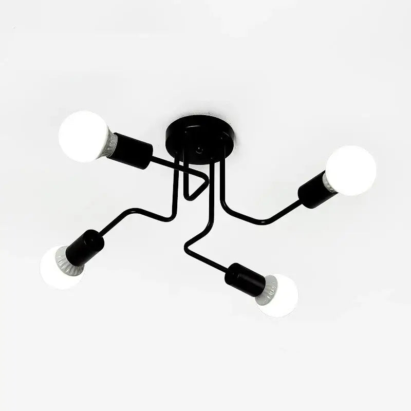 Black metal retro industrial wrought iron ceiling light with four curved arms and spherical bulbs by DecorBites