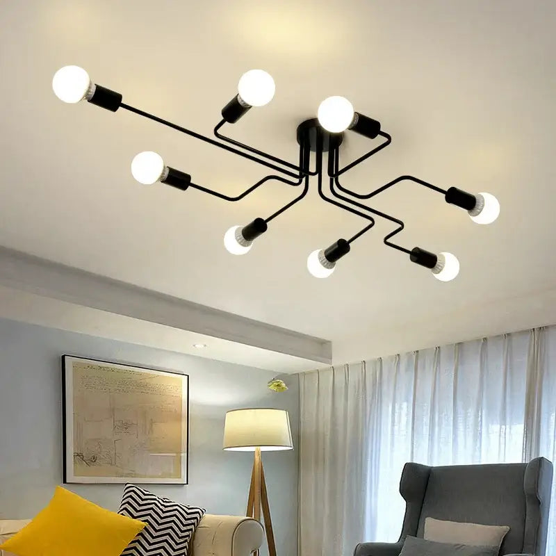 DecorBites™ retro industrial wrought iron ceiling light features black curved metal arms with multiple exposed bulbs