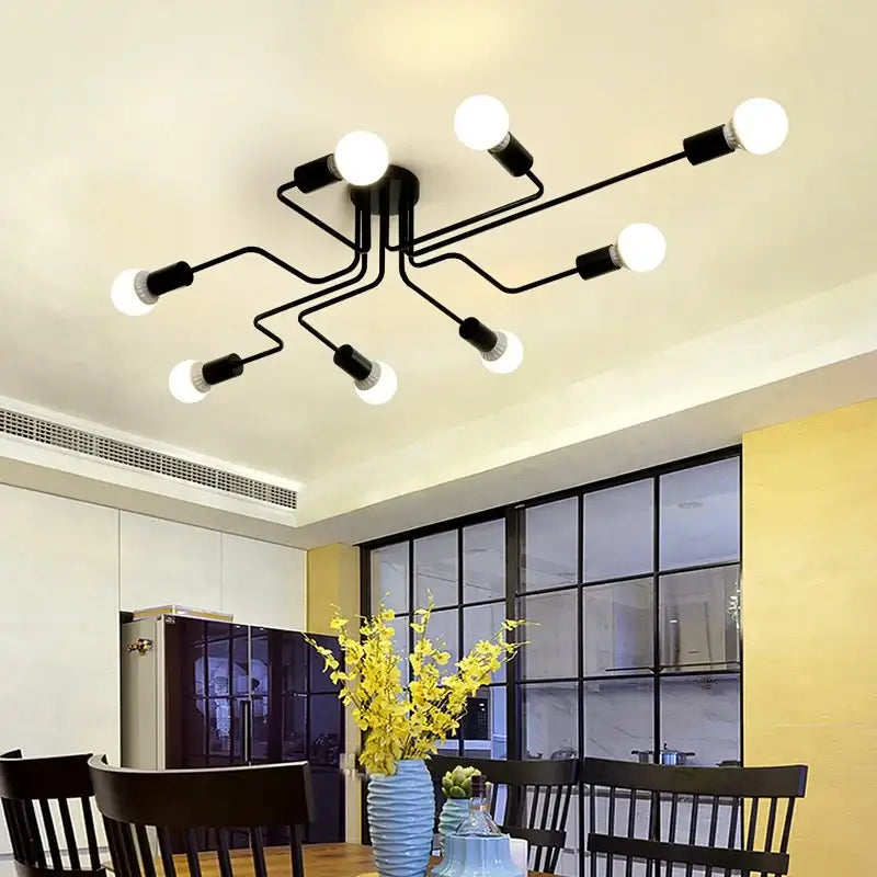 DecorBites™ retro industrial wrought iron black ceiling light with multiple exposed bulbs and angular arms