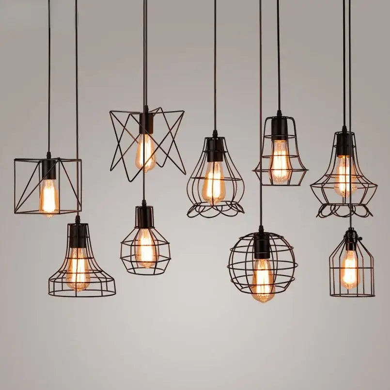 DecorBites™ retro iron art pendant light with black metal cage and exposed filament bulbs vintage industrial style