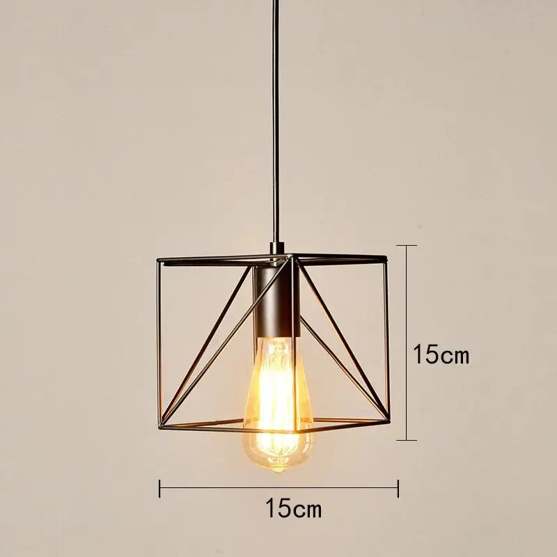 Decorbites retro iron art pendant light featuring black metal geometric design with exposed edison bulb vintage style