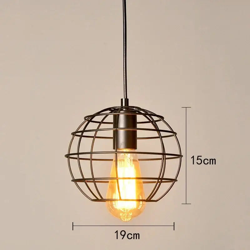 Decorbites™ retro iron art pendant light with black metal cage and warm glowing filament bulb in vintage industrial style
