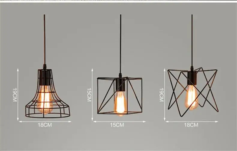 Three black iron art pendant lights with geometric cages and exposed edison bulbs retro iron art design