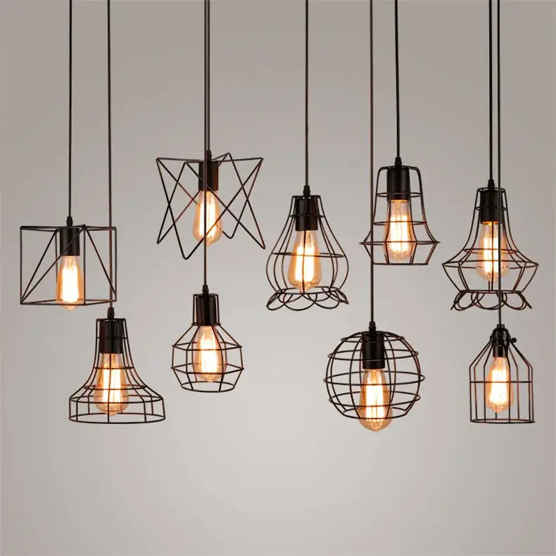DecorBites™ retro iron art pendant light featuring black metal cage design with exposed filament bulbs in vintage style