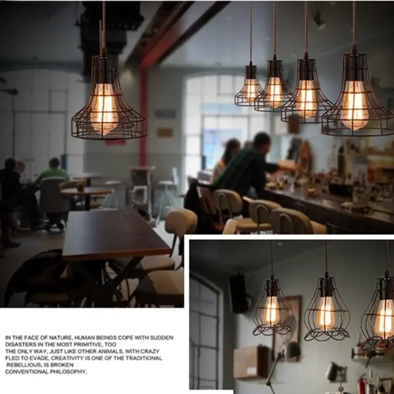 Decorbites™ retro iron art pendant light with black metal cages and warm edison bulbs for vintage industrial style