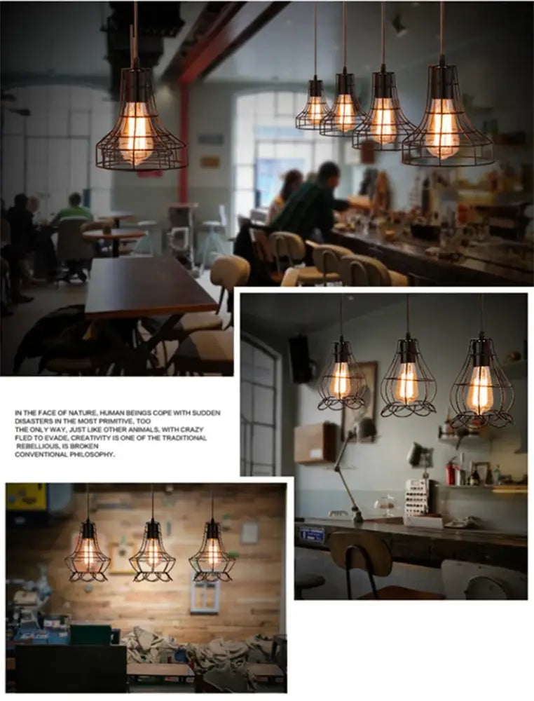 Decorbites™ retro iron art pendant light with black metal wire cage and warm-toned edison bulb vintage industrial style