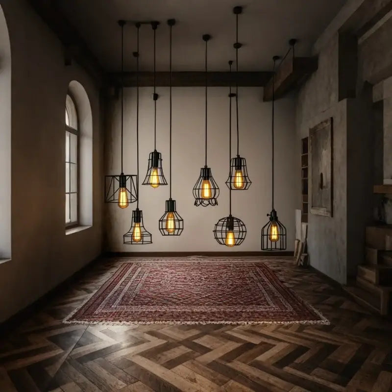 DecorBites™ retro iron art pendant light with black metal cages and glowing filament bulbs in vintage industrial style