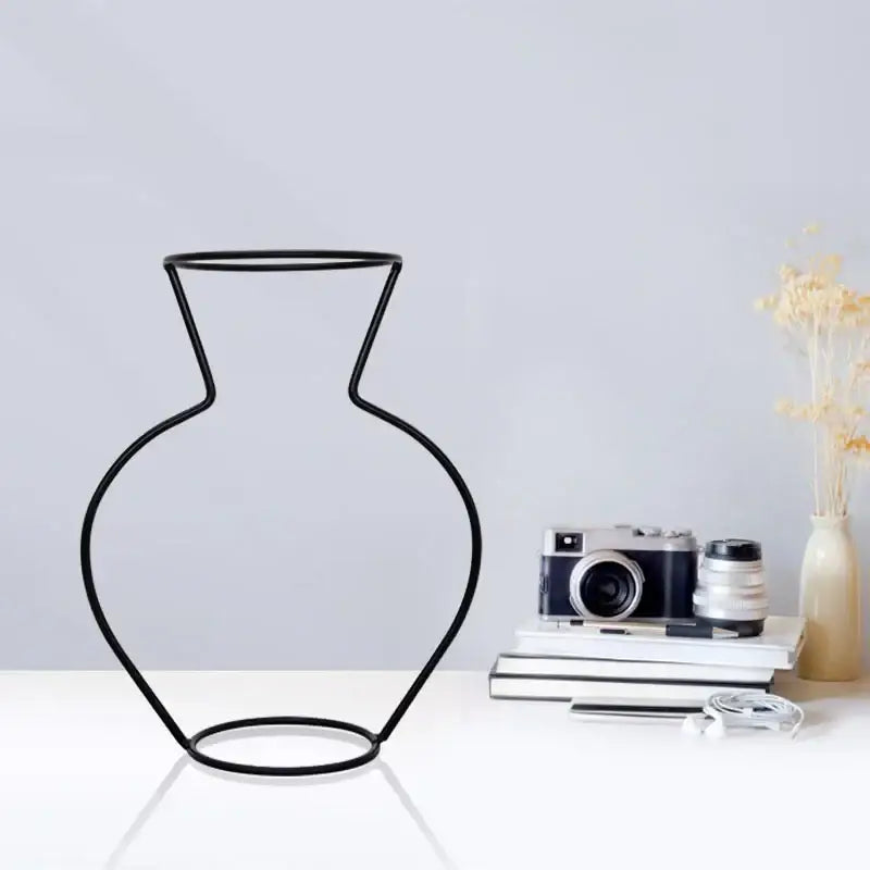 Black wireframe retro iron flower vase pot ornament with minimalist geometric design for home and garden decor