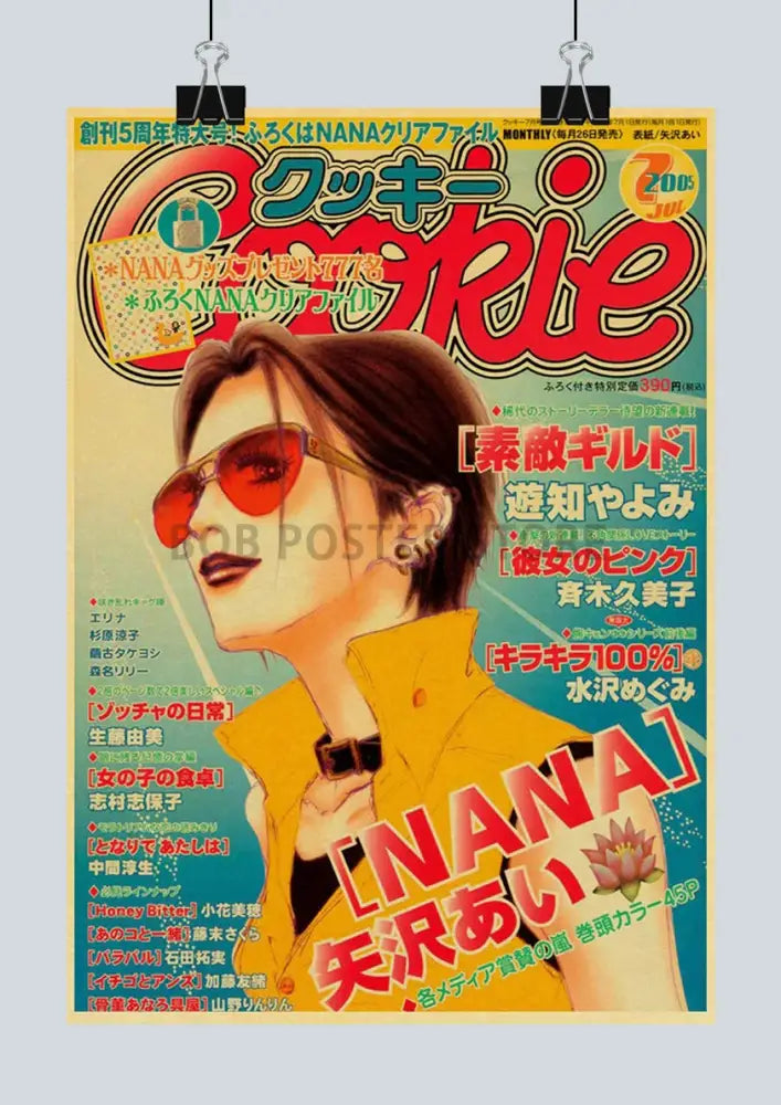 Decorbites™ retro japan anime nana kraft poster featuring an illustrated character wearing vibrant red sunglasses and a yellow jacket
