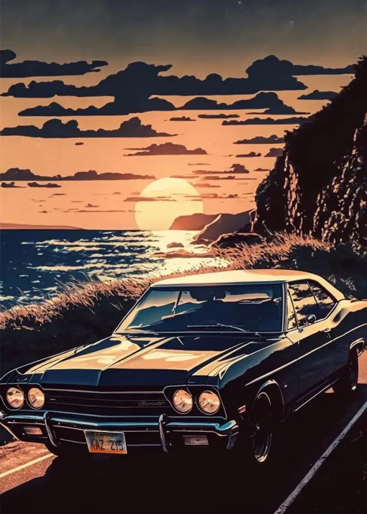 Decorbites™ retro japanese gtr luxury car canvas wall art featuring a black classic muscle car with chrome accents and glossy finish