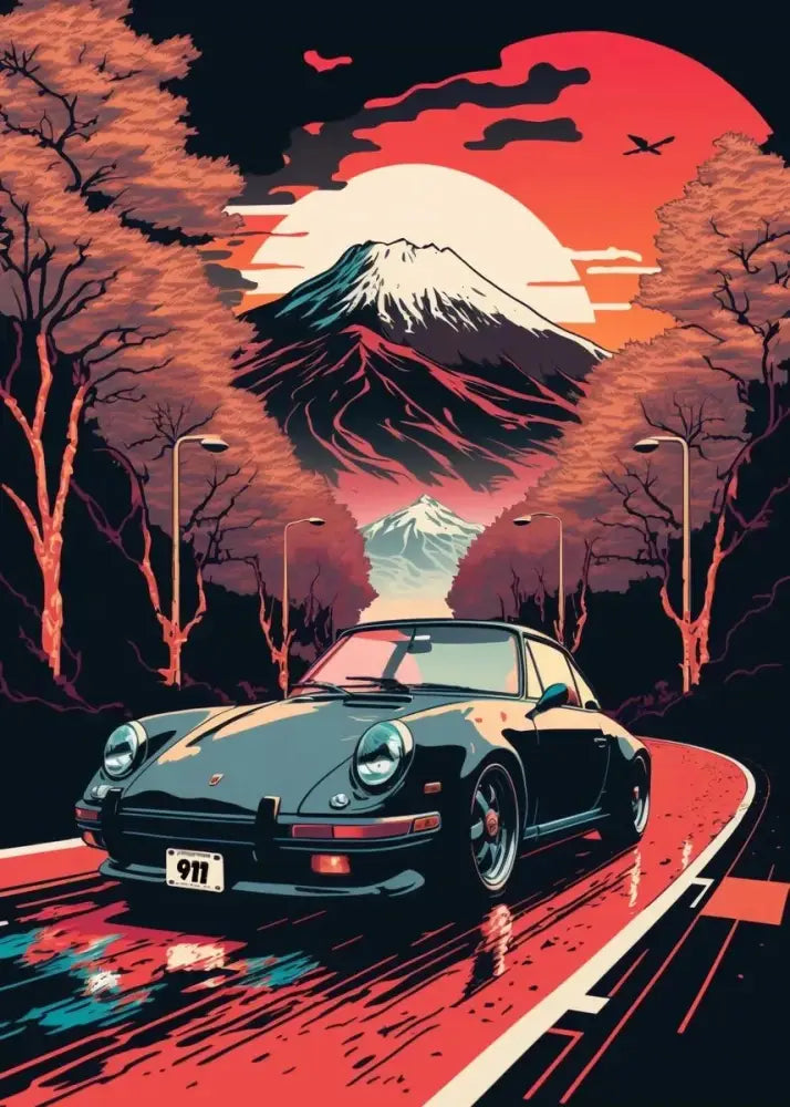 Decorbites™ retro japanese gtr luxury car canvas wall art featuring a black porsche 911 on a winding road under sunset