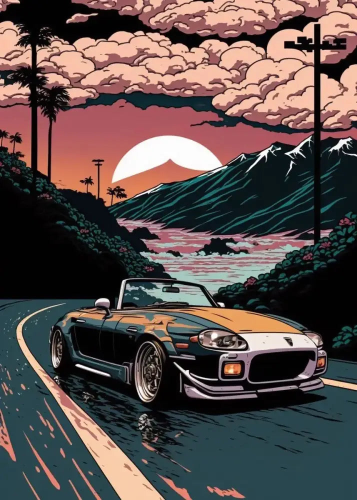 DecorBites retro japanese gtr luxury car canvas wall art featuring black and orange convertible with white bumper and silver rims