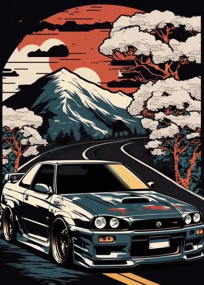 DecorBites™ retro japanese gtr luxury car canvas wall art featuring a dark blue metallic nissan skyline r34 with custom stripes