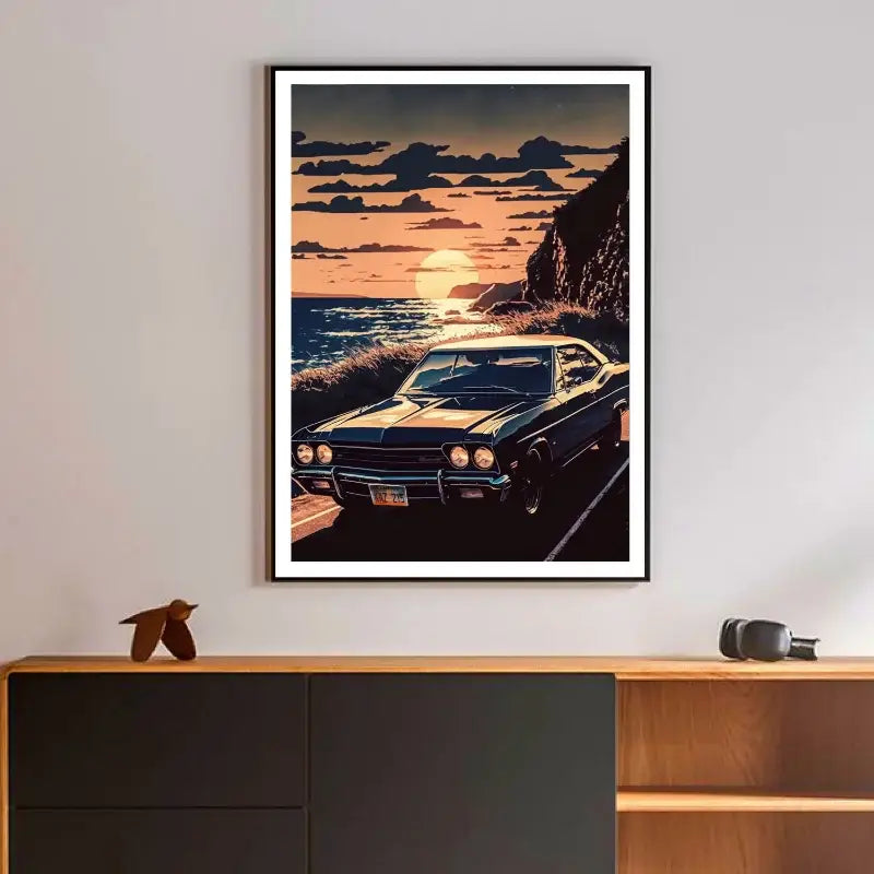 A framed decorbites™ canvas wall art of a black retro car gtr luxury parked on a japanese landscape coastal road at sunset