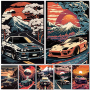 DecorBites™ retro japanese GTR luxury car canvas wall art featuring a sleek black Nissan Skyline r34 in vibrant retro-futuristic style