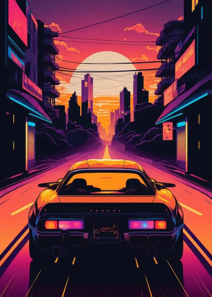 Decorbites™ retro japanese gtr luxury car canvas wall art featuring a sleek golden sports car with neon taillights at sunset