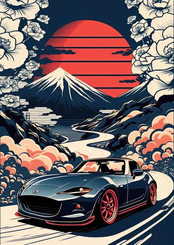 Decorbites™ retro japanese gtr luxury car canvas wall art featuring a dark blue mazda miata with red wheels and mount fuji background