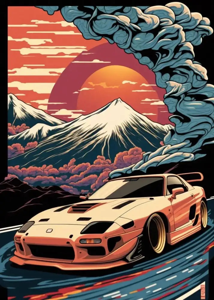 DecorBites™ retro japanese gtr luxury car canvas wall art featuring a peach sports car with black hood vent and gold wheels