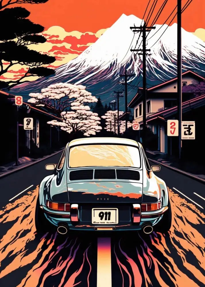 Decorbites™ retro japanese gtr luxury car canvas wall art showing teal porsche 911 with chrome exhausts and mountain backdrop