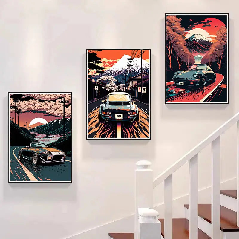Three framed decorbites™ canvas wall art prints of retro car gtr luxury designs with japanese landscape backdrops