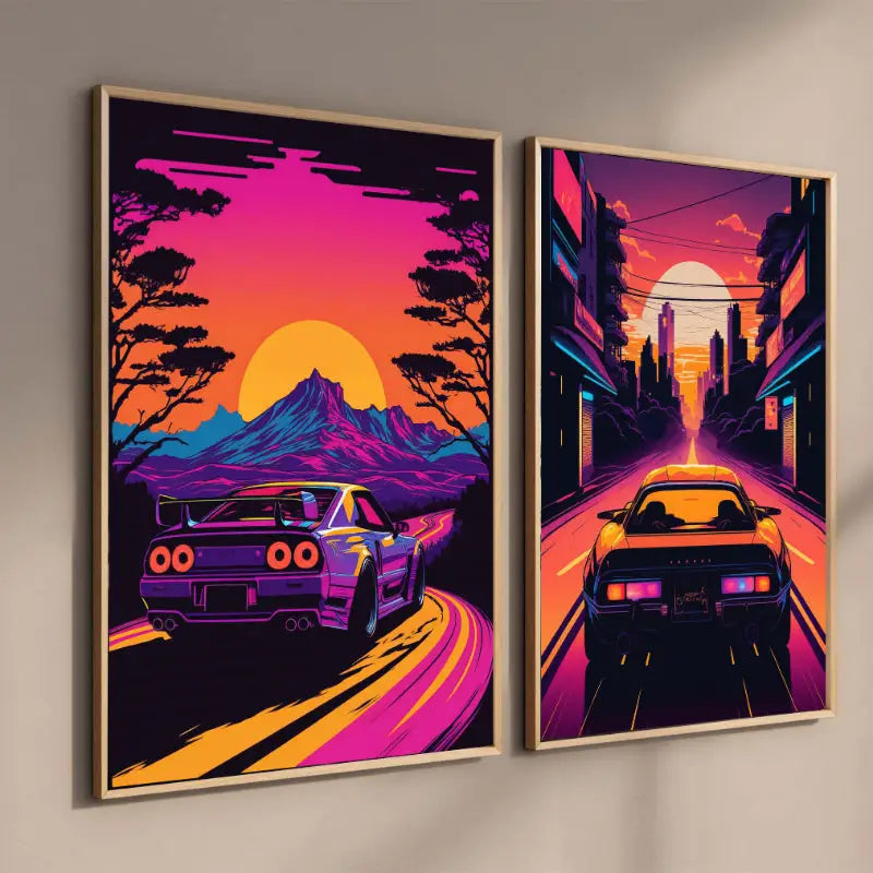 Two framed neon-style canvas wall art prints by DecorBites featuring gtr luxury retro cars in vibrant japanese landscapes