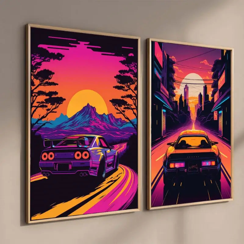 Two framed neon retro car posters featuring gtr luxury cars against vibrant japanese landscape sunset scenes