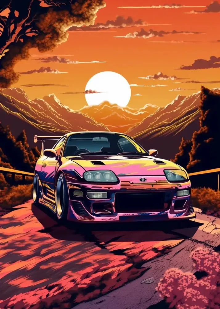 Decorbites™ retro japanese gtr luxury car canvas wall art featuring a vibrant iridescent pink and purple toyota supra