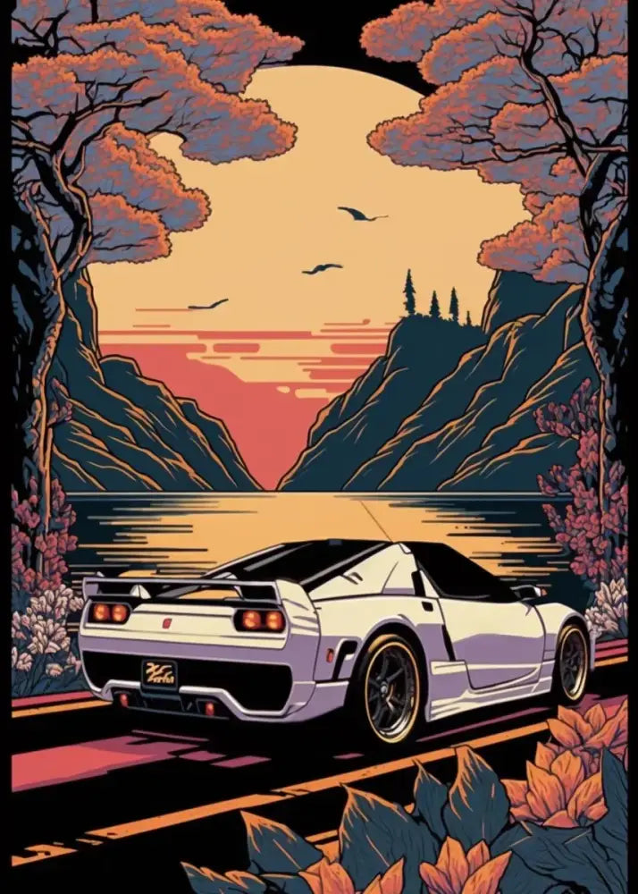 Decorbites™ retro japanese gtr luxury car canvas wall art featuring white nissan r34 skyline gt-r with black stripes and gold rims