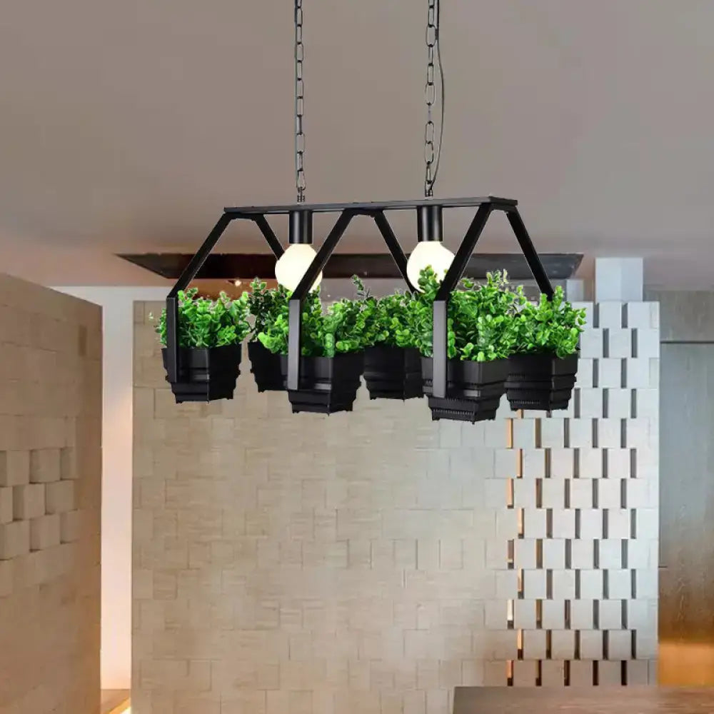 Black metal chandelier ceiling light with four hanging planters and lush green foliage for restaurants 220v-240v 110v-120v
