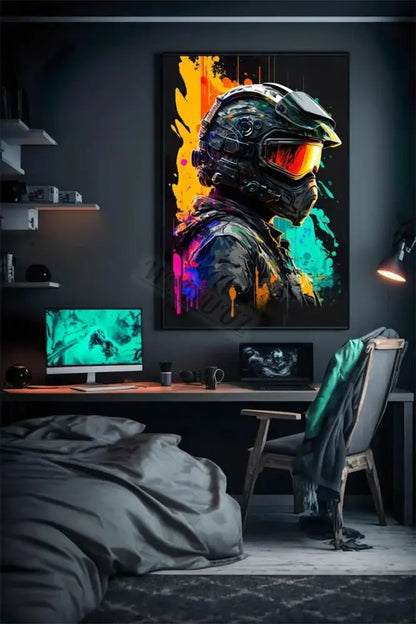 Decorbites™ retro monkey gaming room wall art poster featuring vibrant abstract painting of futuristic soldier armor with orange visor