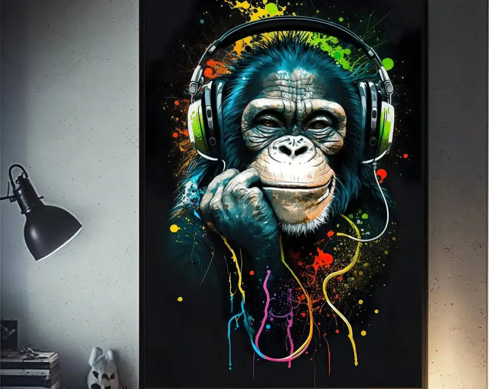 DecorBites retro monkey wall art poster with blue-furred funny monkey player for gaming room decor