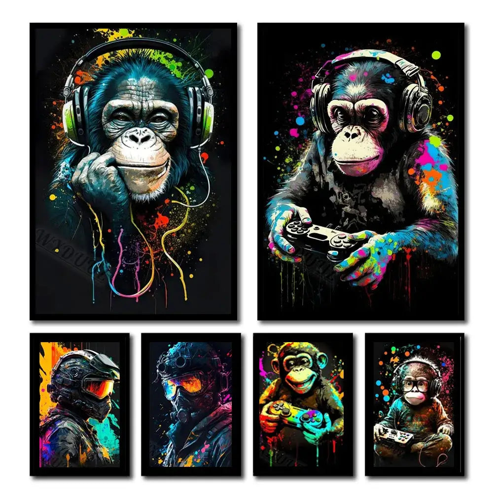 DecorBites™ retro monkey gaming room wall art poster featuring vibrant splatter-painted funny monkey player on black background