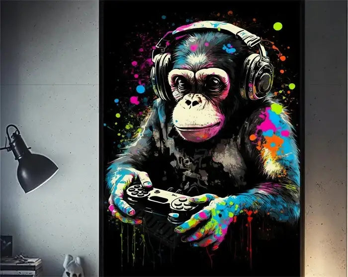 Decorbites™ retro monkey gaming room wall art poster featuring vibrant splatter-painted funny monkey player with headphones