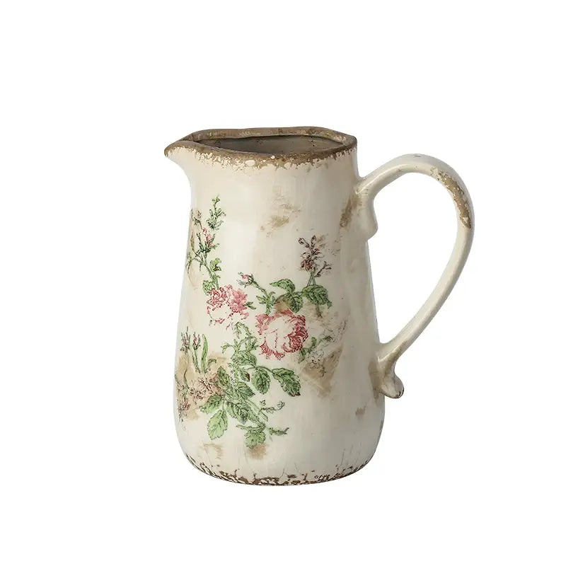 Decorbites™ retro nordic ceramic pitcher with distressed white glaze floral decals and rustic chipped edges for home decor
