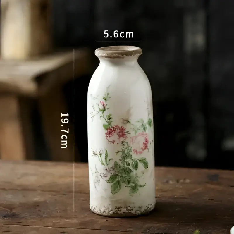 DecorBites™ retro nordic ceramic vase in white with rustic finish and pink green floral decals for nordic pastoral style