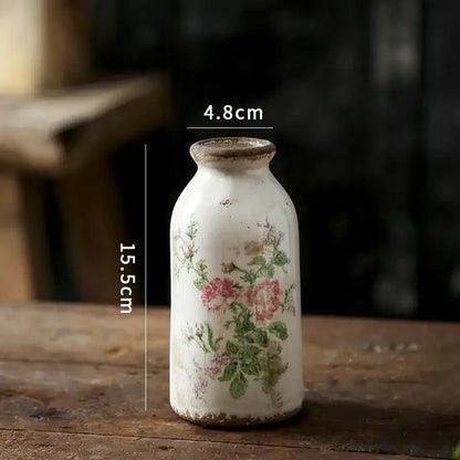 DecorBites™ retro nordic ceramic vase white with rustic finish and delicate pink green floral decals for home decor