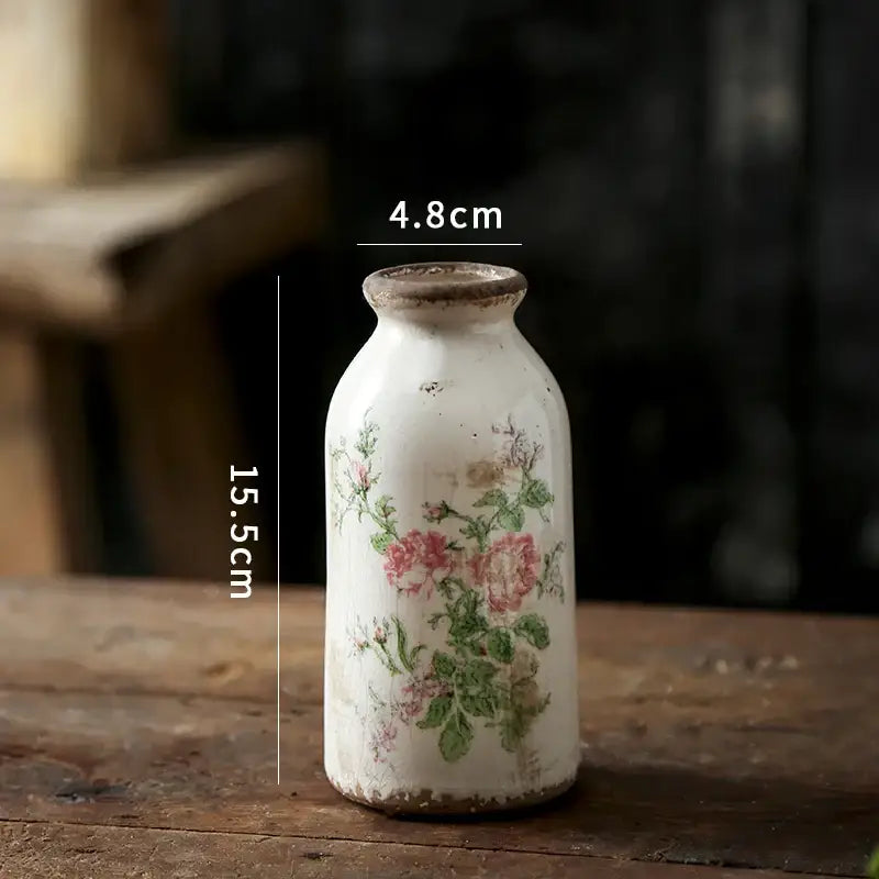 DecorBites™ retro nordic ceramic vase white with rustic finish and delicate pink green floral decals for home decor