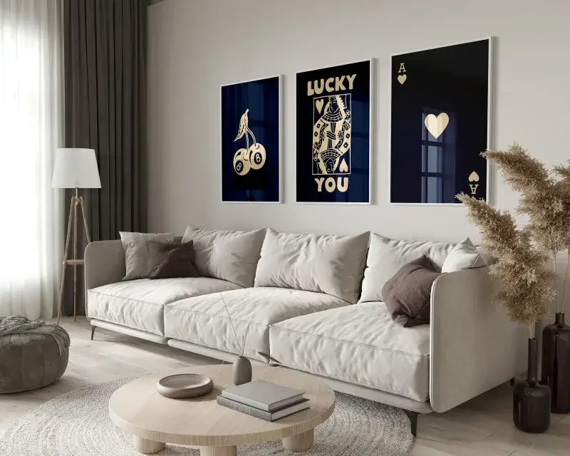 Beige upholstered sectional sofa with dark brown accent pillows in a room featuring decorbites™ retro queen of hearts wall art set