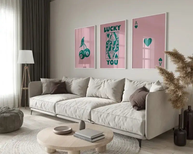 Beige upholstered sectional sofa with dark brown throw pillows next to decorbites™ retro queen of hearts wall art set