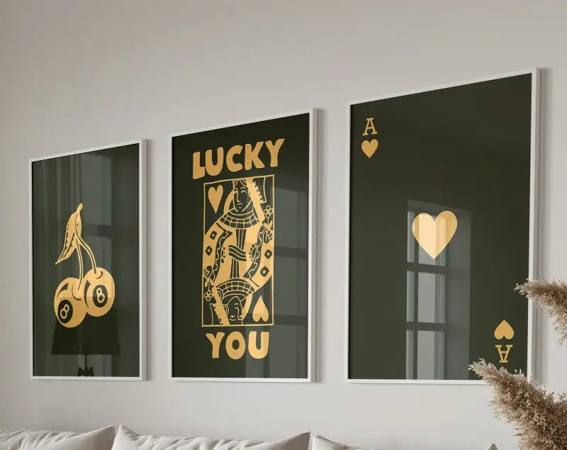 Set of three framed black and gold hearts canvas wall art prints featuring gold foil designs from DecorBites™ wall art set