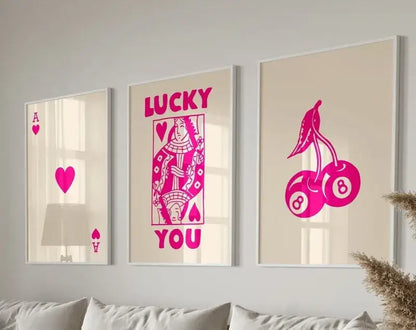 DecorBites™ retro queen of hearts wall art set with vibrant pink hearts canvas prints on cream background