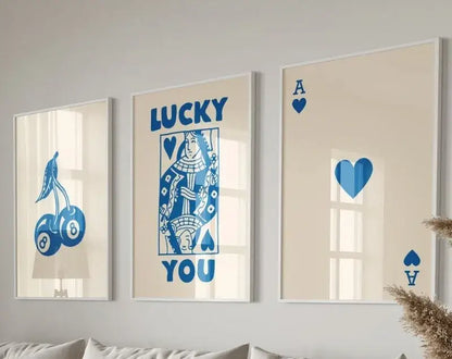 DecorBites™ retro queen of hearts canvas wall art set with three blue playing card designs on cream background wall art
