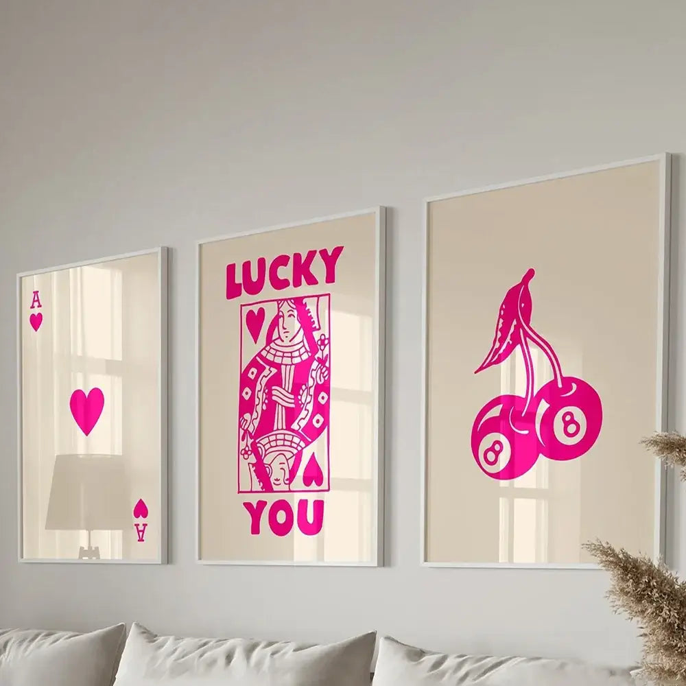 DecorBites™ retro queen of hearts wall art set with vibrant pink poker hearts canvas on beige background