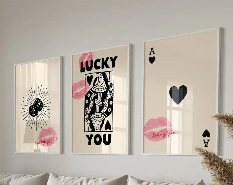 DecorBites™ retro queen of hearts wall art set featuring black and pink poker hearts canvas on cream background