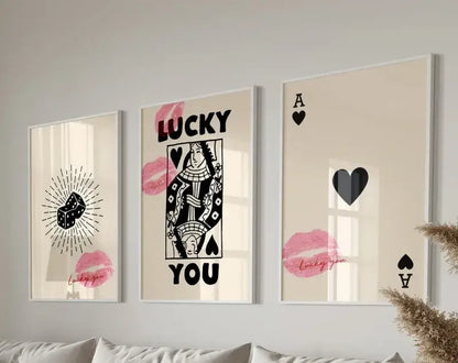 DecorBites™ retro queen of hearts wall art set featuring black and pink poker hearts canvas on cream background