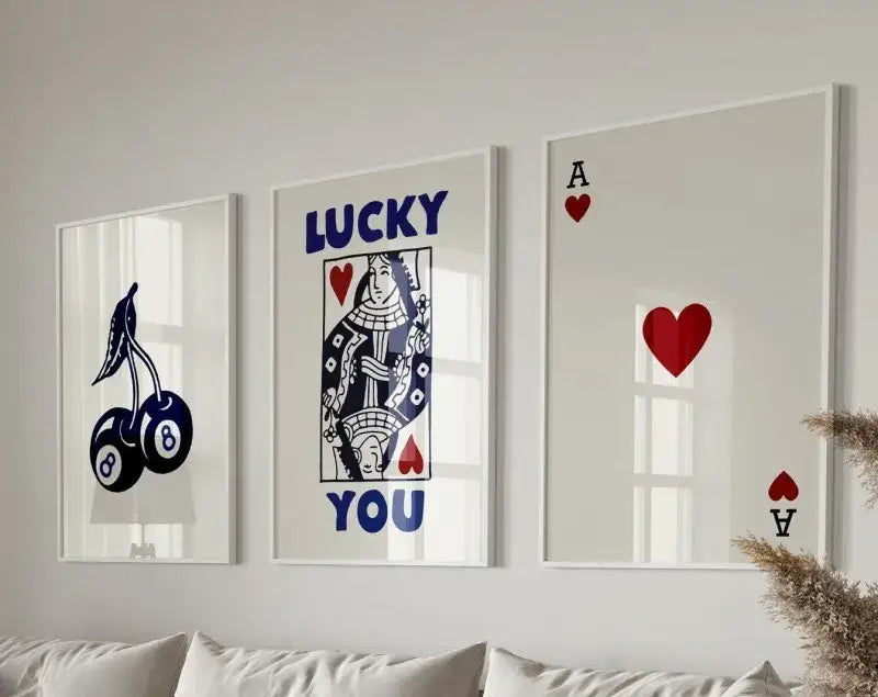 DecorBites retro queen of hearts wall art set with navy blue red and white playing card and cherry hearts canvas prints
