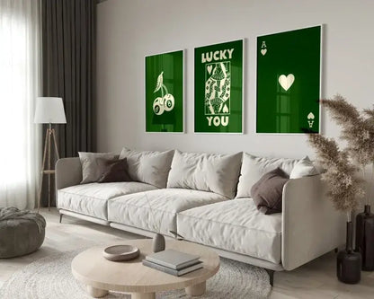 DecorBites™ retro queen of hearts canvas wall art set with three green framed hearts canvas featuring lucky you text