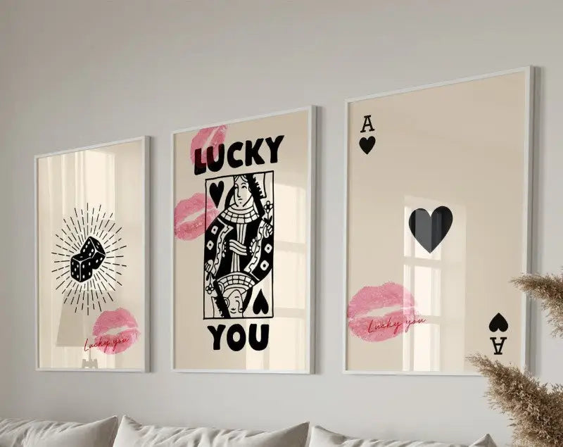 Three framed decorbites™ retro queen of hearts canvas wall art set featuring black and pink playing cards dice and lucky you text