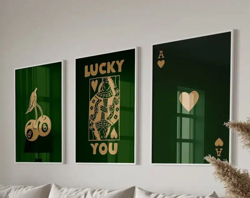 Decorbites retro queen of hearts wall art set featuring three framed green and gold hearts canvas pieces