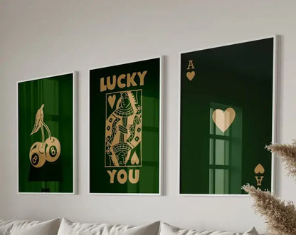 Decorbites retro queen of hearts wall art set featuring three framed green and gold hearts canvas pieces